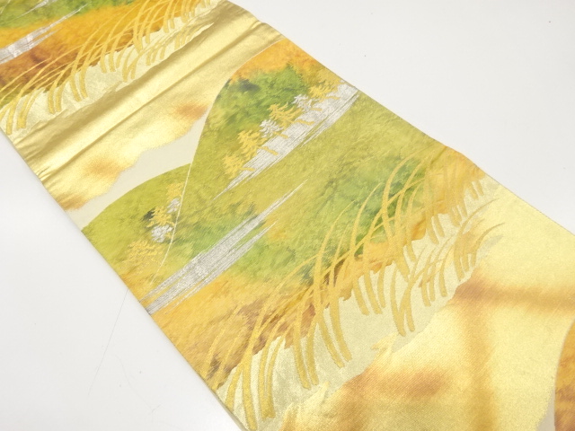 アンティーク　遠山に樹木・草葉模様織出し袋帯（材料）